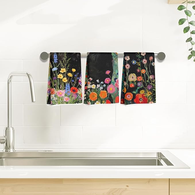 3Pcs Cute Cat Kitchen Towels 24x14 Inch, Floral Microfiber Dish Towels for Kitchen Bathroom Farmhouse Decor, Waffle Weave Absorbent Dish Cloth Tea Towel, Cat Lover Gifts for Women Mom Family Grandma