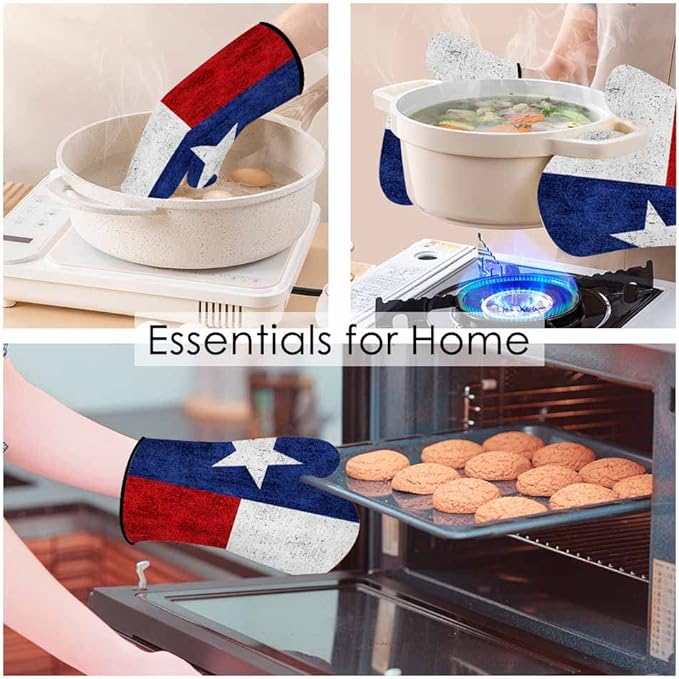 Flag Oven Mitts and Pot Holders Sets Blue Red White Star Retro Heat Resistant 3pcs for Cooking Baking BBQ