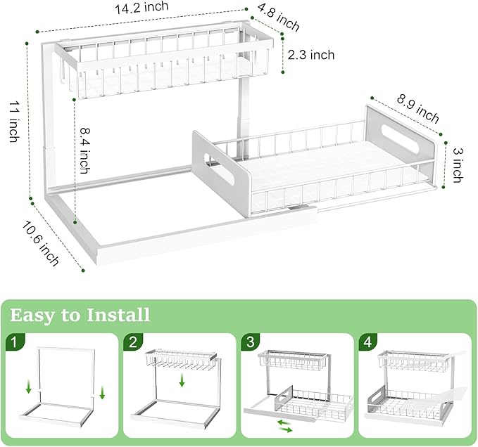 REALINN Under Sink Organizer, Pull Out Cabinet Organizer, 2 Tier Metal Slide Out Shelf with L Shaped Design, Under Cabinet Storage for Kitchen, Bathroom, Laundry, Deep Cabinet Shelf Storage, White