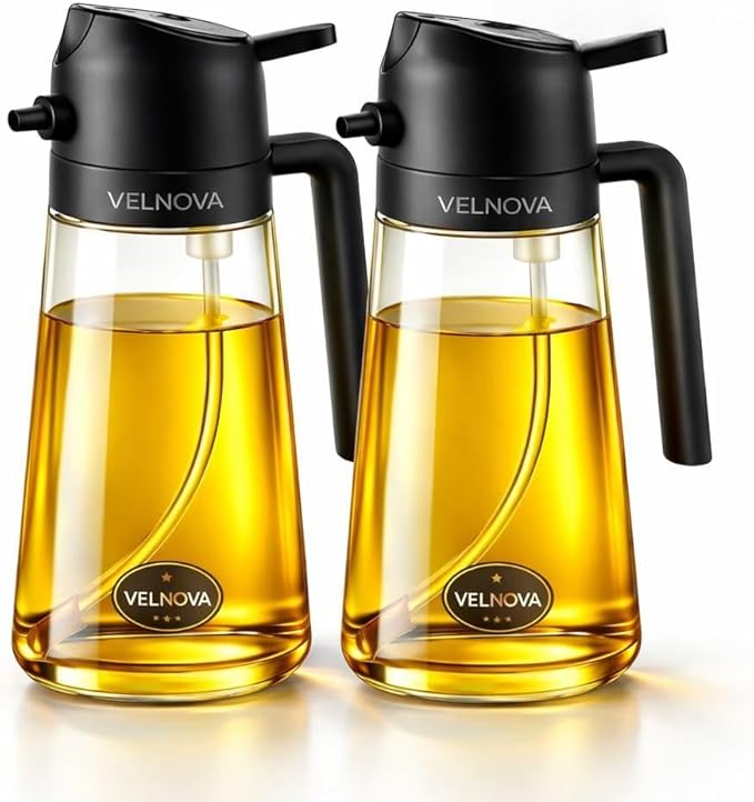 2 Pack Olive Oil Sprayer for Cooking, 16oz/470ml Glass Oil Sprayer Bottles with Stickers, 2-in-1 Oil Dispenser Set, Transparent Oil Mister for Air Fryer, Salad, BBQ