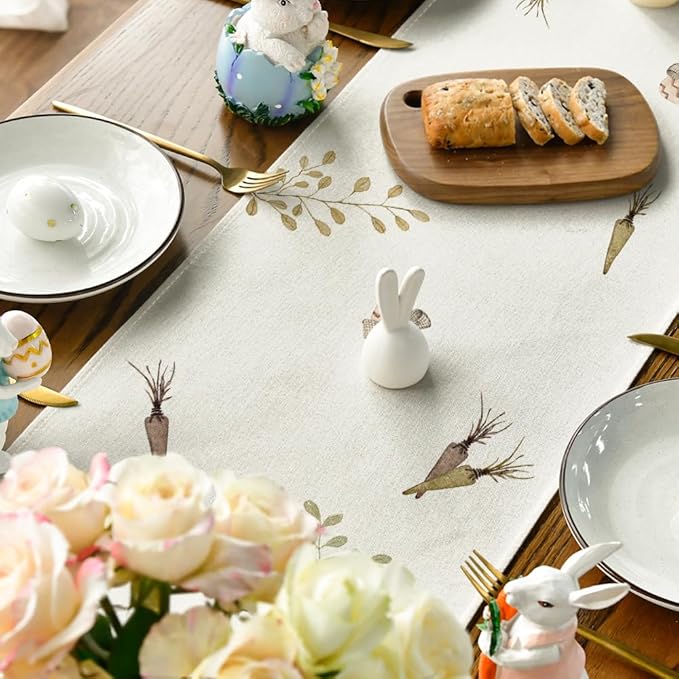Artoid Mode Carrots Rabbit Bunny Happy Easter Table Runner, Spring Summer Seasonal Holiday Kitchen Dining Table Decoration for Indoor Outdoor Home Party Decor 13 x 60 Inch