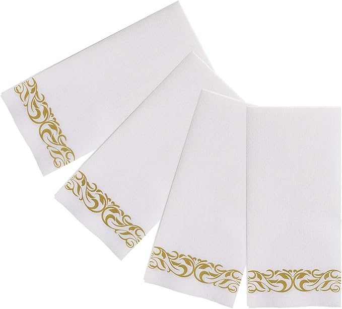 200 Disposable Hand Towels Soft and Absorbent Linen Feel Dinner Napkin Durable Decorative Bathroom Hand Napkins Good for Kitchen, Thanksgiving, Parties, Weddings, Dinners or Events White and Gold