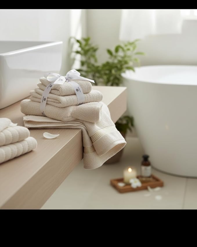 BIOLINEN 6-Piece Luxury Towel Set Ivory - 2 Bath Towels, 2 Hand Towels, 2 Washcloths - Soft Absorbent Cotton Towel Pack for Bathroom, Home, Gym & Travel
