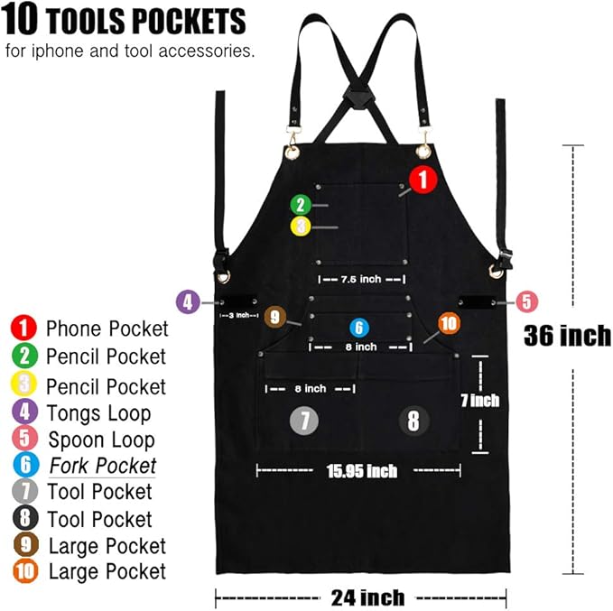 QeeLink Professional Grade Chef Apron for Kitchen, BBQ and Grill with 10 Tool Pockets - Water Resistant Canvas Apron with Quick Release Buckle, Adjustable M to XXXL for Men & Women, Black