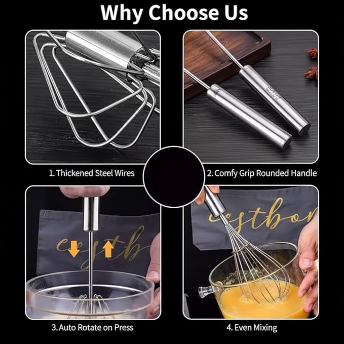 Semi Automatic Whisk Heavy Duty, 3PCS Manual Egg Beater Hand Held - 50% Heavier Stainless Steel Hand Whisk Set for Mixing Batter - 10/12/14 Inch Push Whisk Kitchen Gadgets (2026 Model)