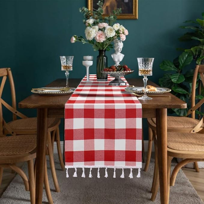 DUOBAO 2pcs Buffalo Plaid Table Runners 14x72-Inches Red and White Checkered Tables-Runners with Tassel Linen Christmas Decor Gingham Rustic Farmhouse Tablecloth Decor