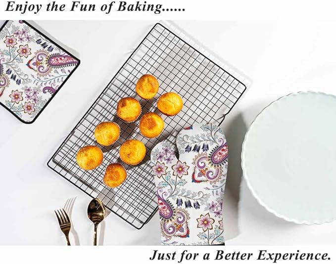 Ethnic Flowers Oven Mitts and Pot Holders Sets Leaves Purple Pastel Heat Resistant 3pcs for Cooking Baking BBQ