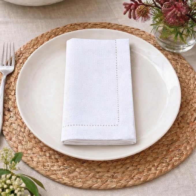Palisa White Cotton Napkins Set of 4 | Premium Hemstitch Detailing Cloth Dinner Napkins 18x18 Inch | Soft Washable & Reusable Table Napkins for Everyday Use Weddings Parties Restaurants & Hotels