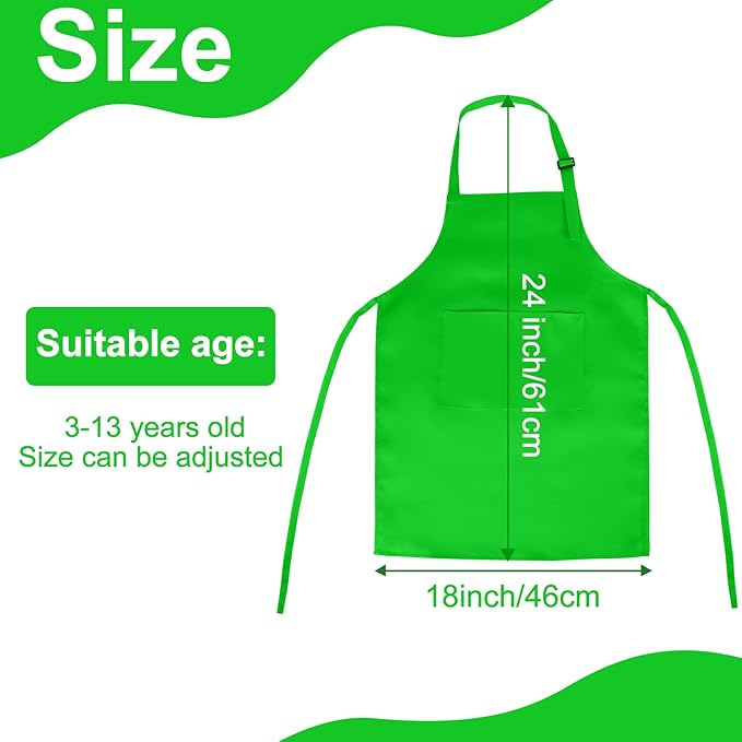 12 Pack Kids Apron Bulk with 2 Pockets Adjustable Chef Art Apron Kids Painting Aprons for Cooking Baking Painting Crafting Grilling Activity（Green）