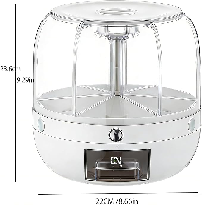 Rice Dispenser | 360° Rotating Grain Storage Bin - 6 Grids, 10LBS Large Capacity Food Container, Moisture-Proof, One-Click Output for Rice, Beans & Pet Food - Kitchen Pantry Organizer (White)