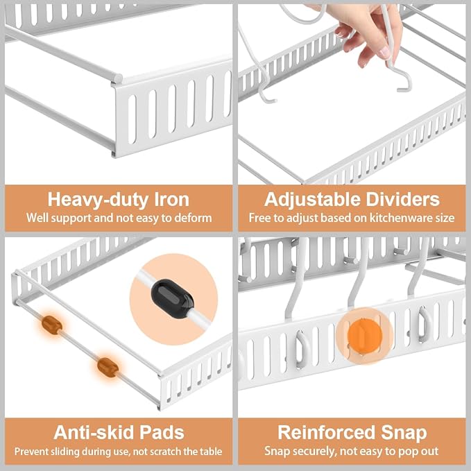 Housolution 2 Pack Pot and Pan Organizer with 14 Adjustable Dividers, 12"-23" Expandable Food Container Lid organizer Compatible with Tupperware, Pan Lid Holder Storage Rack for Cabinet, White