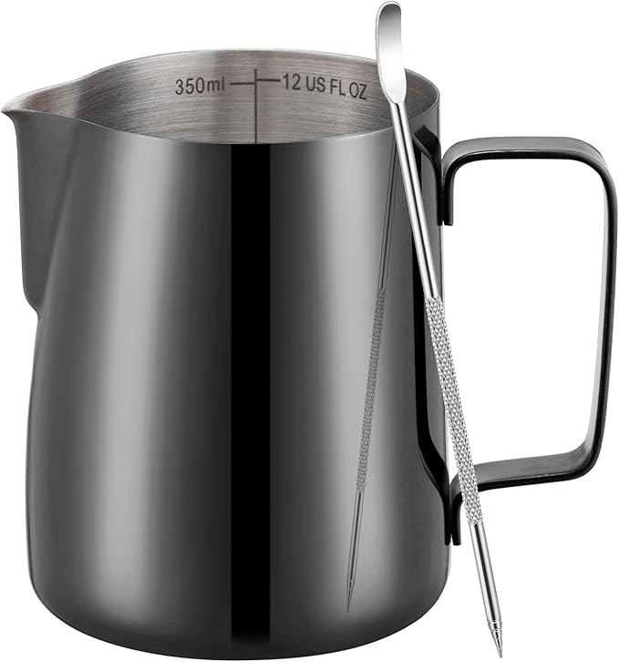 Amrules Milk Frothing Pitcher, 12 oz Milk Frother Cup with Clear Scale, 304 Stainless Steel Cappuccino Espresso Machine Accessories for Barista Coffee Bar with Latte Art Pen, Bright Black