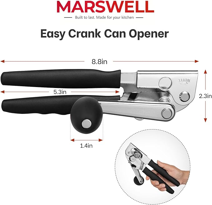 MARSWELL Heavy Duty Can Opener for Large Cans, Extra-Long Handles & Oversized Knob for Easy Cranking, Commercial Manual Hand Crank Opener Opens Big #10 Cans Smoothly, Strong All-Steel Construction