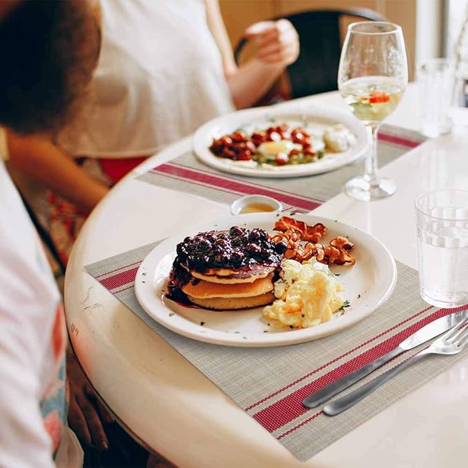 GIVERARE Placemats Set of 6, Heat-Resistant Woven Vinyl Placemat, Non-Slip Washable PVC Table Mat, Easy to Clean Premium Plastic Mats at for Dining, Kitchen Table (Stripe Red)