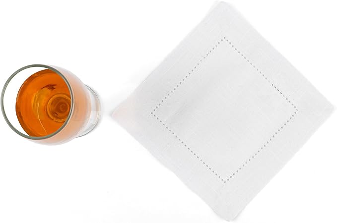 FINGERCRAFT Cocktail Napkins 6 x 6 Inch Premium Quality Cotton, Generous Hemstitch and Mitered Corner Set of 12 Coaster Cloth White