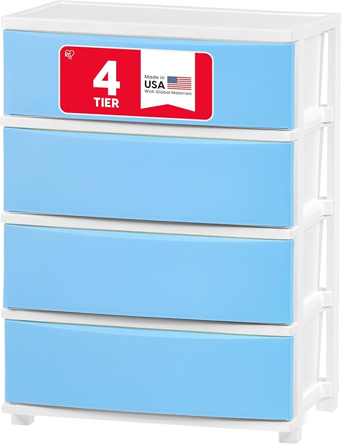 IRIS USA Plastic Drawer Storage Organizer, 4-Drawers, for Classroom Art Supplies Bathroom Dorm Bedroom Laundry Room, Wide, White Frame with Matte Blue Front Panels