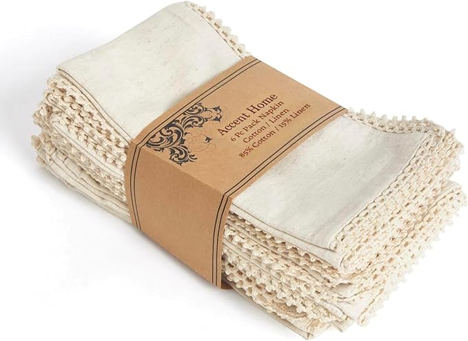 ACCENTHOME 18x18 inch Cotton Dinner Napkins - Set of 6, Beige, Printed, Linen Blend, Perfect for Family Dinners, Weddings & Everyday Use