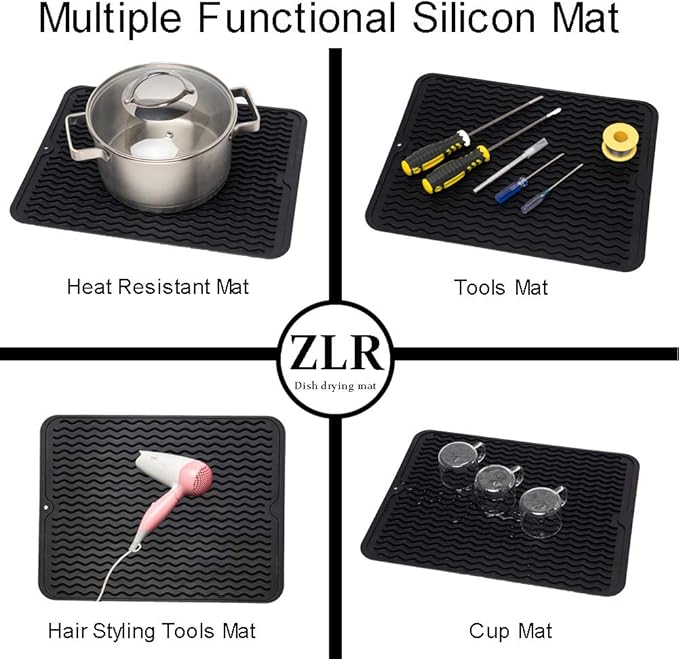 ZLR 2 Pcs Silicone Dish Drying Mat & Heat Resistant Trivet (12" x 16") - Waterproof Counter Protector for Coffee Maker - Non-Slip, BPA Free Kitchen Pad, Easy Clean Dishwasher Safe (Black)