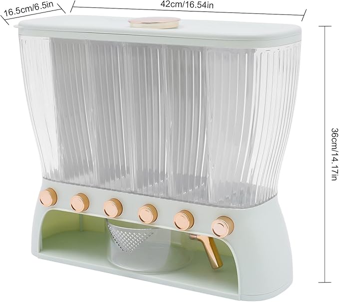 6 Grids Grain Dispenser Can, Cereal Rice & Grain Storage Container Multigrain Tank Rice Dispenser Dry Food Grain Dispenser with Measuring Cup for Grains Rice Dry Food Beans (22.05Lbs Light Green)