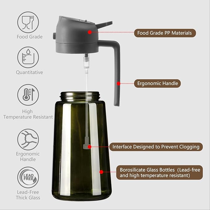 SWEET VIEW 2PCS Olive Oil Dispenser and Oil Sprayer – 16oz/470ml Glass Light-Proof Oil Pourer for Kitchen Air Fryer, Cooking, Salad, and BBQ, with Stickers