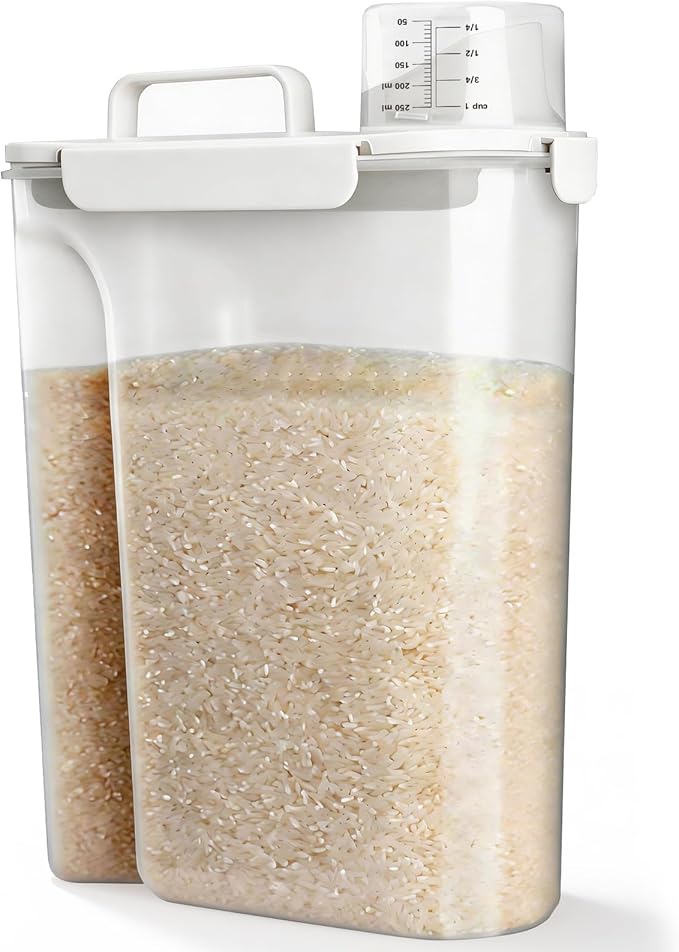 Viretec Rice Storage Container, 10 to 20lb Dry Food Airtight Dispenser, Pet Dog Cat Food Canister, BPA Free Clear Plastic Kitchen and Pantry Organization Bin for Oatmeal, Cereal, Pasta, Flour White