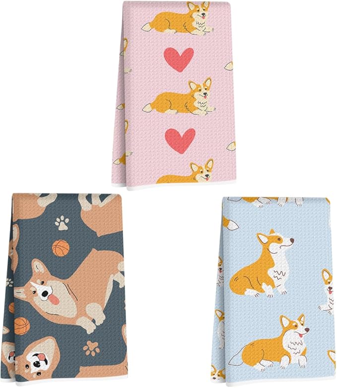 3 Pcs Cute Corgi Kitchen Towels, Cartoon Dog Decorative Absorbent Microfiber Dish Cloth Tea Towel, Waffle Soft Hand Towels for Kitchen Home Bathroom, Dog Lover Gifts for Women