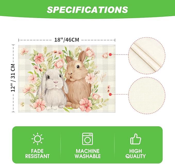 Artoid Mode Grey White Bunny Rabbit Flowers Buffalo Plaid Easter Placemats Set of 4, 12x18 Inch Spring Table Mats for Party Kitchen Dining Decoration