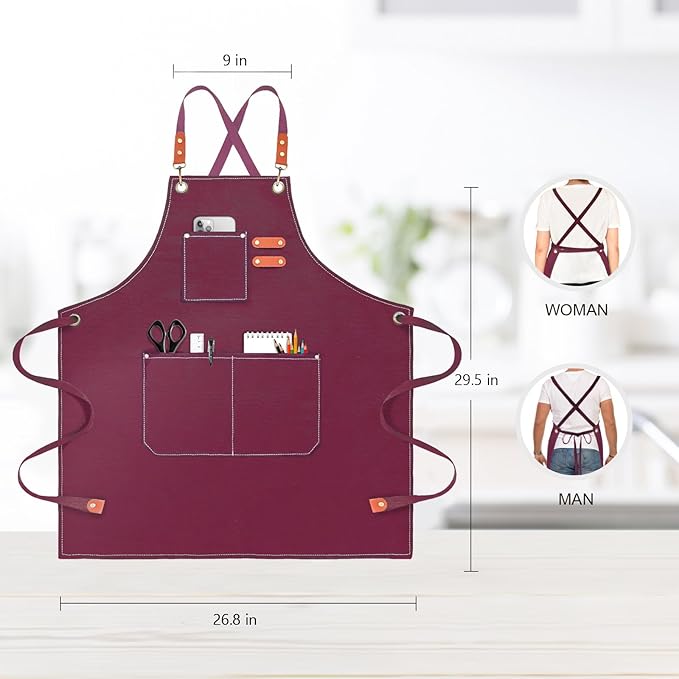 OUNLEN Chef Apron for Men Women Canvas Aprons with 3 Pockets Cross Back Resistant Work Apron for Cooking