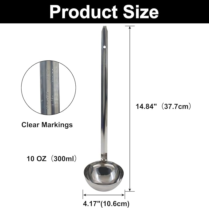 10 Oz Stainless Steel Ladle, 3 Pcs Sturdy Soup Ladle, 15" Long Handle Length for Stirring, Portioning and Serving Soup and Stew in Restaurants and Home (4.17" Bowl Diameter）