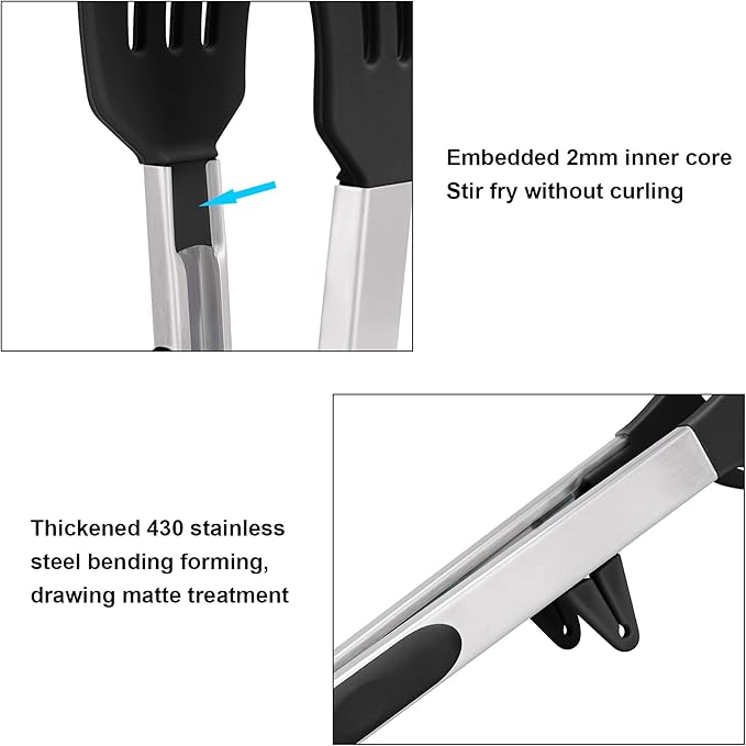 4in1 Stainless Steel Kitchen Food Tongs Set for Cooking with Silicone Tips, Toaster Steak Pie Pizza Pasta Spaghetti Noodles Salad Fruit Vegetable Grill BBQ Buffet Clamp Serving Tools Gadgets