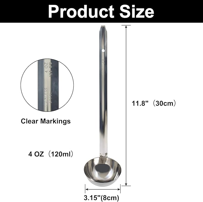 4 Oz Stainless Steel Ladle, 3 Pcs Sturdy Soup Ladle, 11.8" Long Handle Length for Stirring, Portioning and Serving Soup and Stew in Restaurants and Home (3.15" Bowl Diameter）