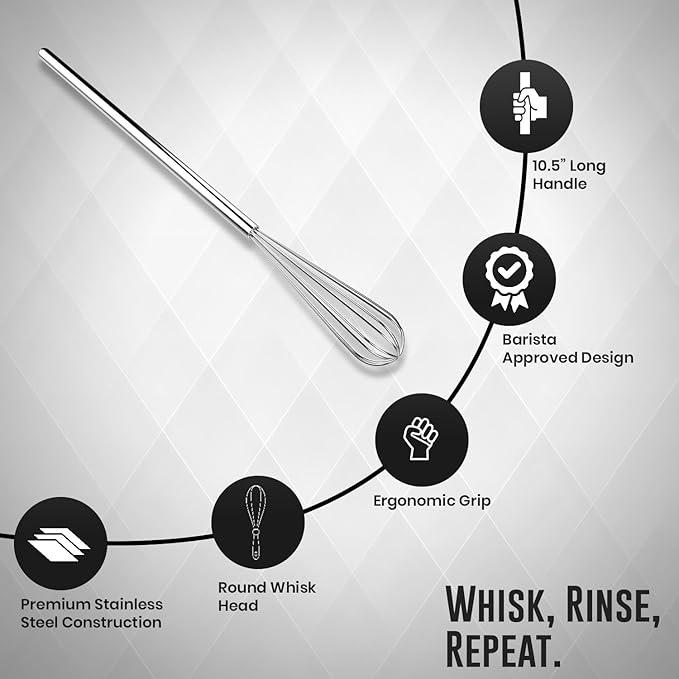Rattleware Stainless Steel 10.5" Round Coffee Whisk | Heavy-Duty Espresso Frothing Whisk | Durable, Easy-to-Clean Frother for Baristas and Home Coffee Enthusiasts