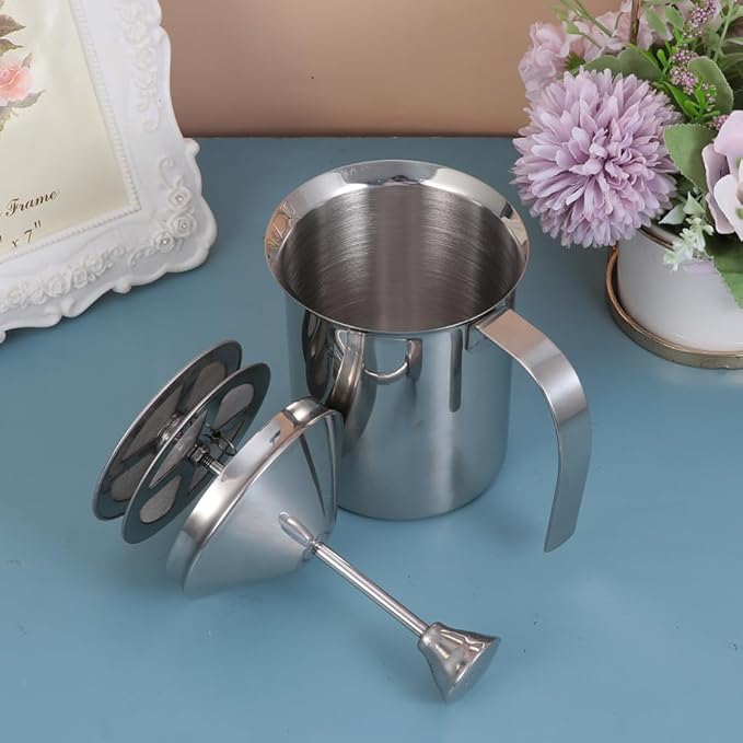 Cabilock Manual Milk Frother: Milk Frothing Pitcher with Double Mesh Screen - Stainless Steel Handheld Foamer for Coffee Latte Matcha Cappuccinos (800ml)