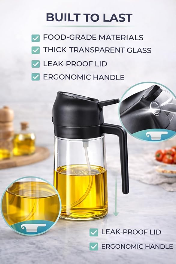 2 Pack Olive Oil Sprayer for Cooking, 16oz/470ml Glass Oil Sprayer Bottles with Stickers, 2-in-1 Oil Dispenser Set, Transparent Oil Mister for Air Fryer, Salad, BBQ