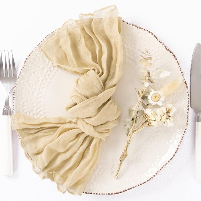 DeZerlor 50 Pack Champagne Cheesecloth Napkins Spring Cloth Napkins Set of 50 Champagne Dinner Napkins Bulk 21x21 Inches for Wedding Bridal Shower Baby Shower Parties