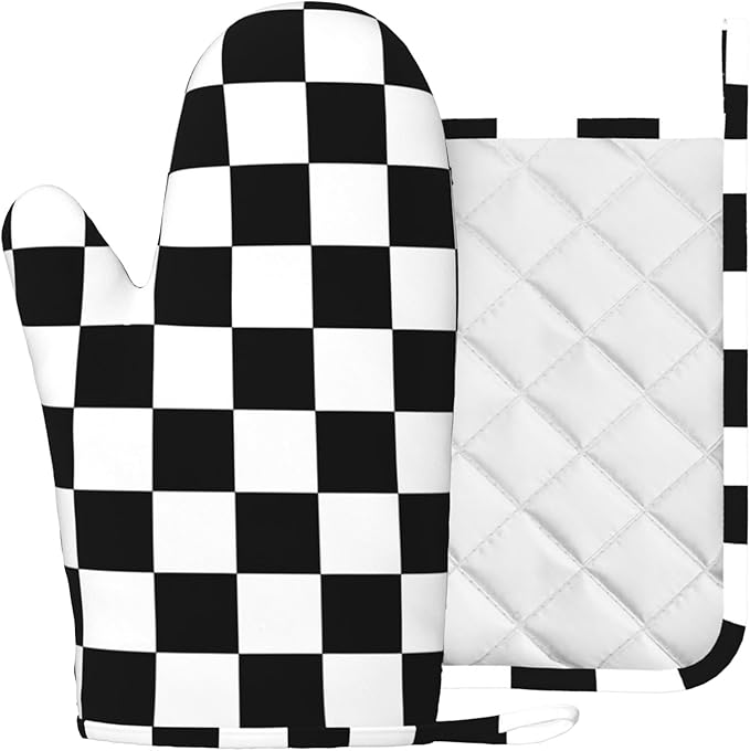 Checkerboard Oven Mitt and Pot Holder with Silicone Heat Resistant Kitchen for Cooking BBQ Baking Grilling Cooking Protection