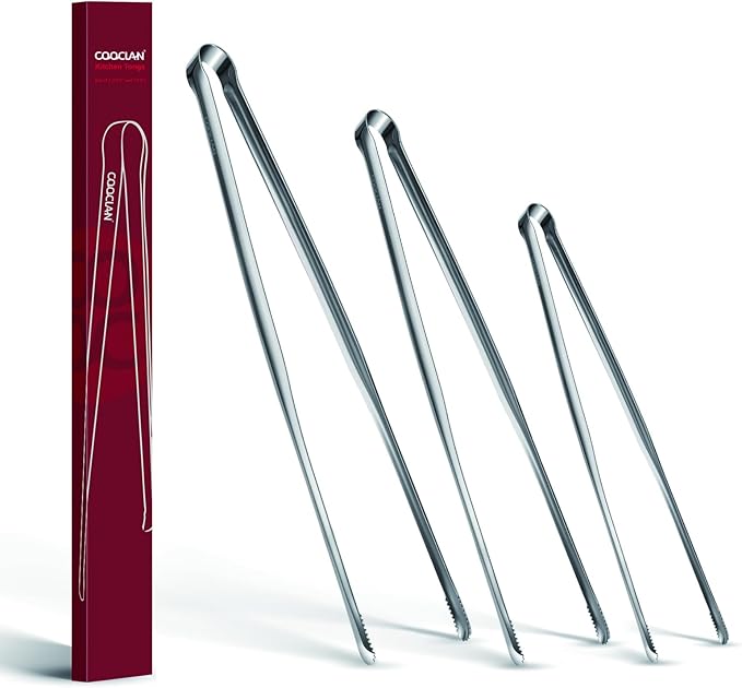 Precision Serrated Non-Slip Tips Cooking Tongs 3 Set (9.5" & 11.5" & 13.5"), 18/8 Stainless Steel Metal Tong, Light but Durable, Easily Control Kitchen Tweezer Tongs for Frying, Plating, BBQ