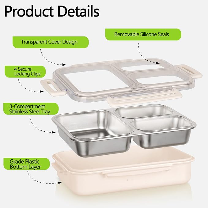 Stainless Steel Bento Box, 3 Compartments Leakproof Stainless Steel Snack Containers, 25 oz Premium 304 Metal Lunch Box for Adults, BPA-Free, Dishwasher Safe (Beige)