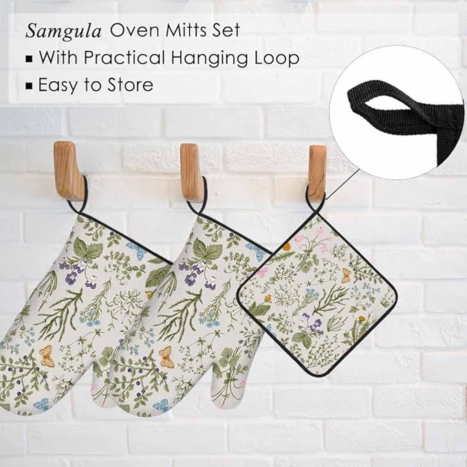 Floral Plant Oven Mitts and Pot Holders Sets Wild Flowers Herbs Heat Resistant 3pcs for Cooking Baking BBQ