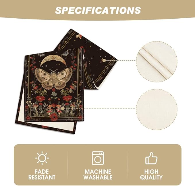 Artoid Mode Poppy Moth Mushroom Moon Fall Table Runner, Seasonal Autumn Kitchen Dining Table Decoration for Home Party Decor 13x36 Inch