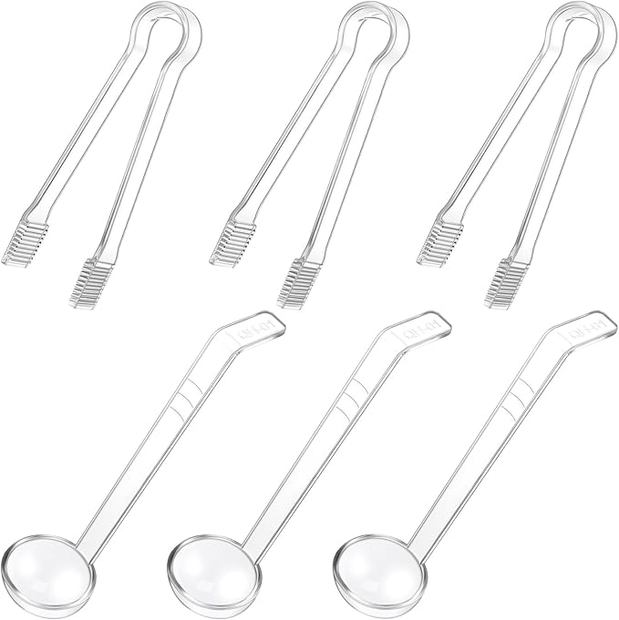 6 Pieces Plastic Serving Utensils Set Including 3 Pcs 1 oz Small Ladle and 3 Pcs Tong Acrylic Long Handle Ladle for Serving Sauce, Soup, Dressing, Punch Bowl, Gravy for Party Banquets Catering(Clear)