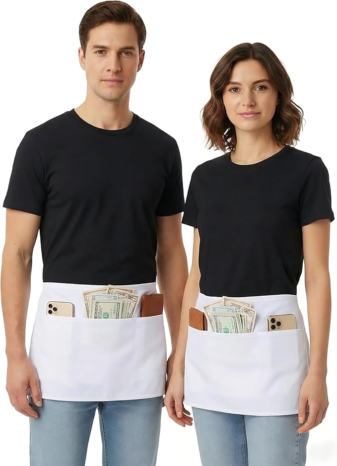 BOHARERS Waist Apron with 3 Pockets - White Waitress Waiter Server Short Apron