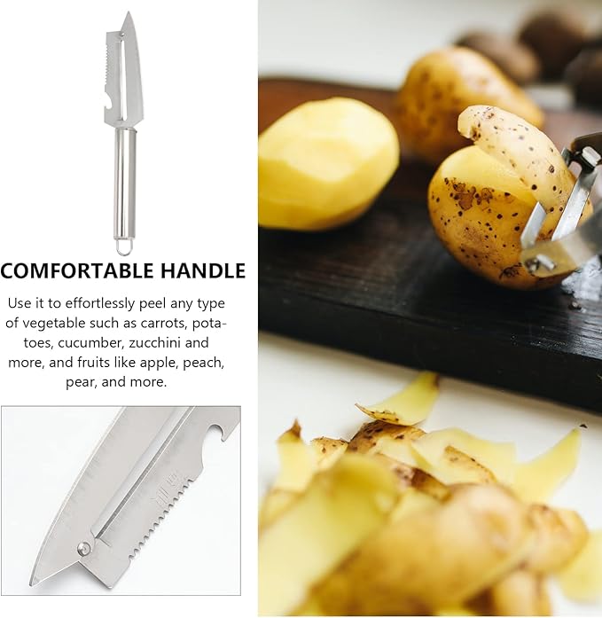 BESTonZON Stainless Steel Multifunction Peeler 8.46In with Fish Scale Scraper Bottle Opener and Comfortable Handle Kitchen Gadget for Fruit Vegetable Prep
