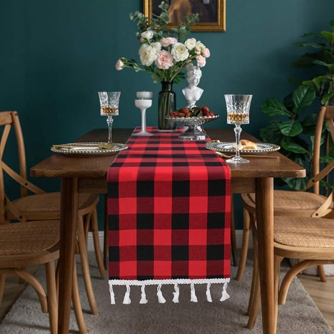 DUOBAO Checkered Table Runner 14x108-Inch Red and Black Buffalo Plaid Tablecloth Runners with Tassels Farmhouse Gingham Fabric for Dinner Parties Christmas Events (Red and Black)