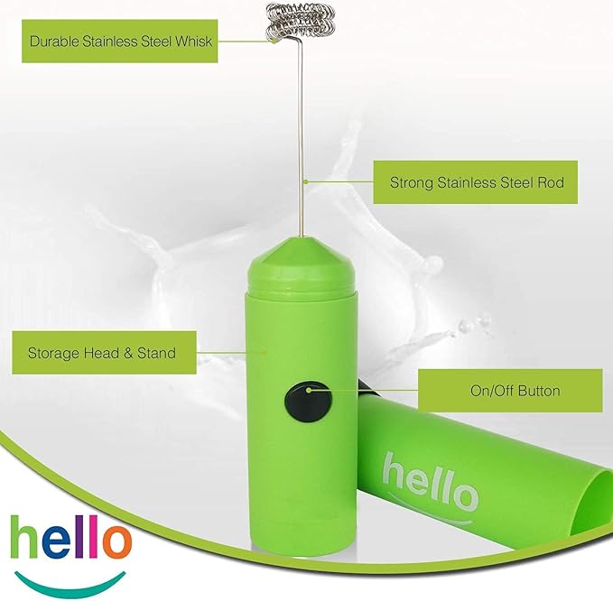 MATCHA DNA HELLO Milk Frother - Double Whisk Head, Handheld Battery Operated Electric Foam Maker For Bulletproof Coffee, Lattes, Cappuccino, Hot Chocolate, Sleek Drink Mixer With Stand (GREEN)