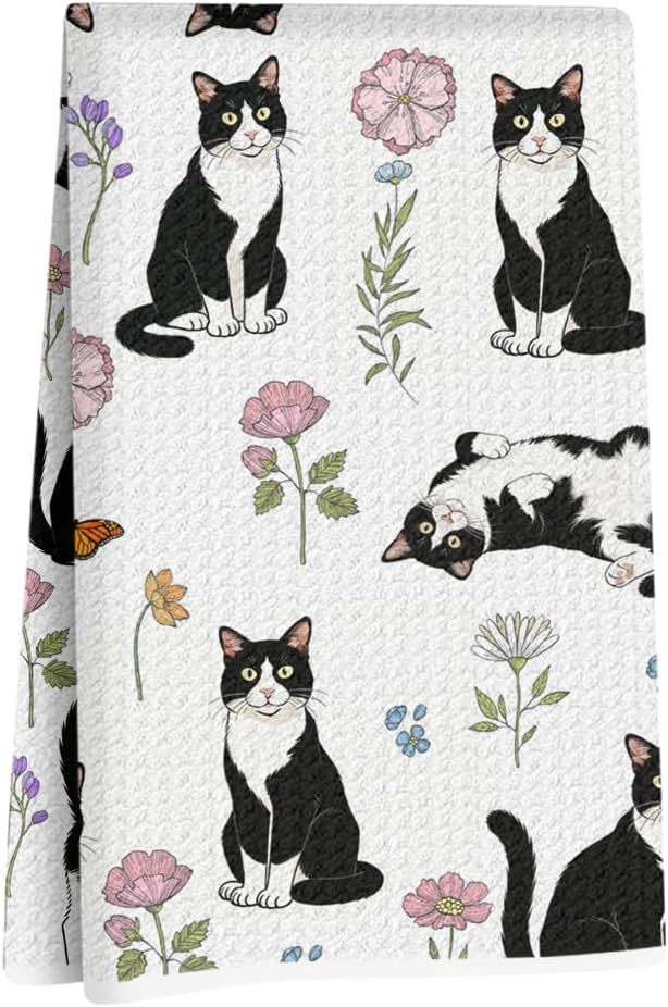 Jztco Cat Kitchen Towels, Floral Cats Gifts Reusable Hand Tea Towel, Microfiber Dish Cloths for Drying Dishes, Waffle Dish Towels for Kitchen Home Bathroom Decor, Cat Lover Gifts for Women Mom