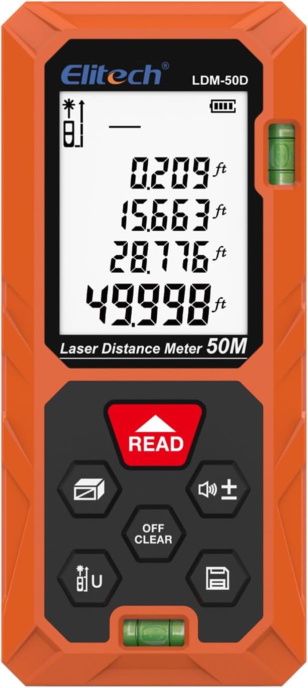Elitech Laser Measuring Tool 165ft with Mute, Ft/in/M Switching for Home Renovation & DIY