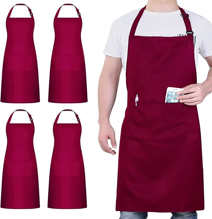 4 Packs Chef Apron, Waterproof Apron, Adjustable Aprons with 2 Pockets for Men Women, Professional Aprons for Kitchen Cooking Gardening Painting Baking Restaurant (Wine)