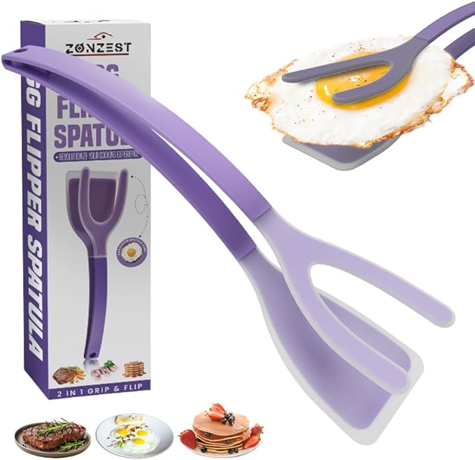 Silicone Egg Flipper Spatula Tongs (Set of 1) – Non-Stick 2-in-1 Grip & Flip Kitchen Tongs for Pancakes, Fish, Eggs, and More – Heat Resistant Cooking Tool (Black) (Purple)