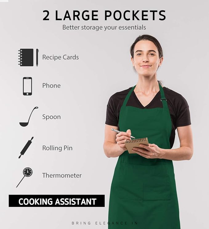 Syntus 12 Pack Bib Apron, Unisex Aprons Adjustable Waterdrop Resistant with 2 Pockets Cooking Kitchen Apron for Chef, BBQ Drawing Apron Bulk, Dark Green